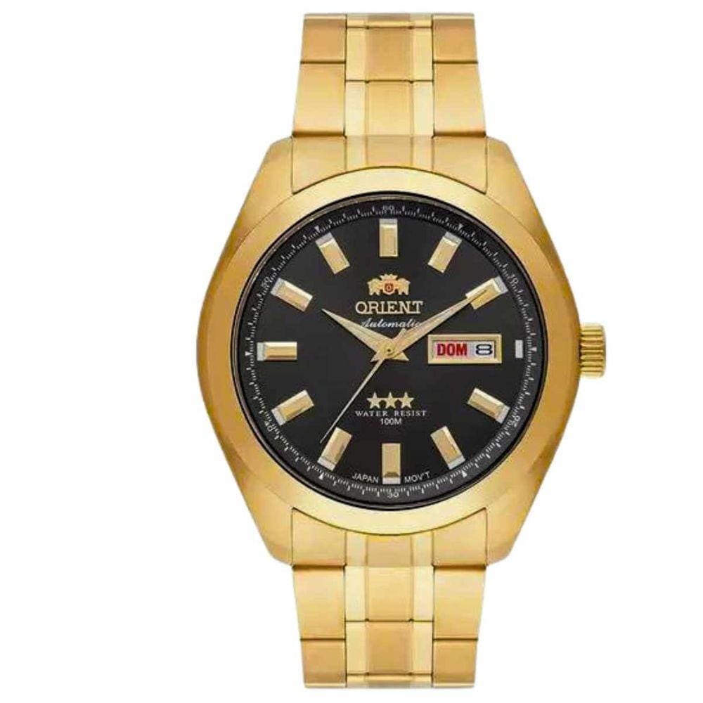 Relógio de Pulso Orient Masculino Automático Prova Dágua 10 ATM Calendario Mecanico 3 Estrelas Aço Inóx Casual Dourado 469GP075F G1KX
