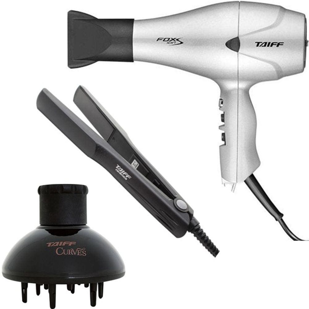 Kit Taiff - Secador Prof. Fox Ion S Prata 2100W 127V + Prancha Ceramic 180ºc + Difusor De Ar Curves