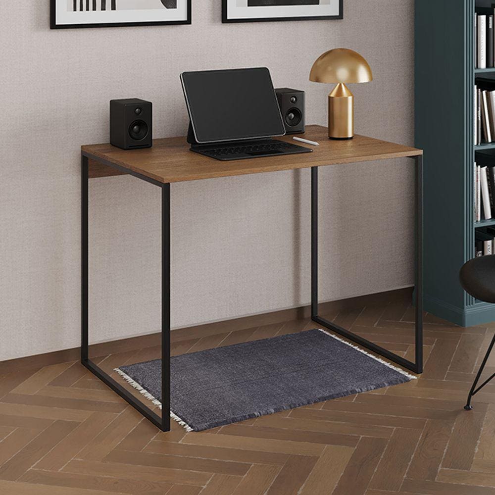 Escrivaninha Industrial Office Amêndoa 120x53 Grécia Base Ferro Preto