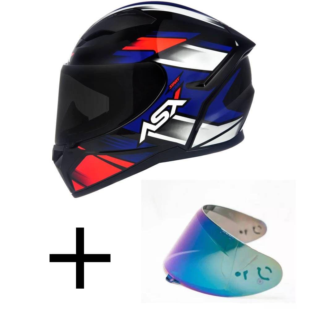 Capacete ASX City Start Preto Vermelho e Azul Mais Viseira Camaleão