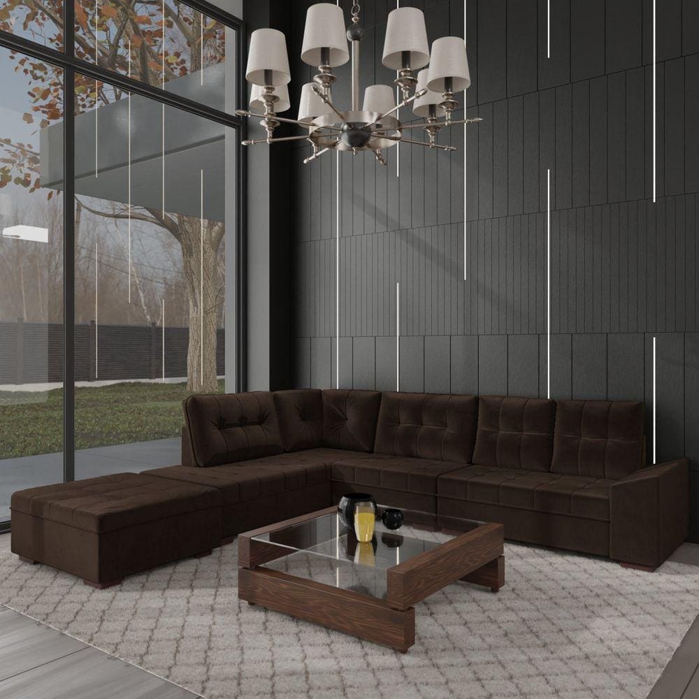 Sofá de Canto 9 Lugares com Puff Leblon Marrom