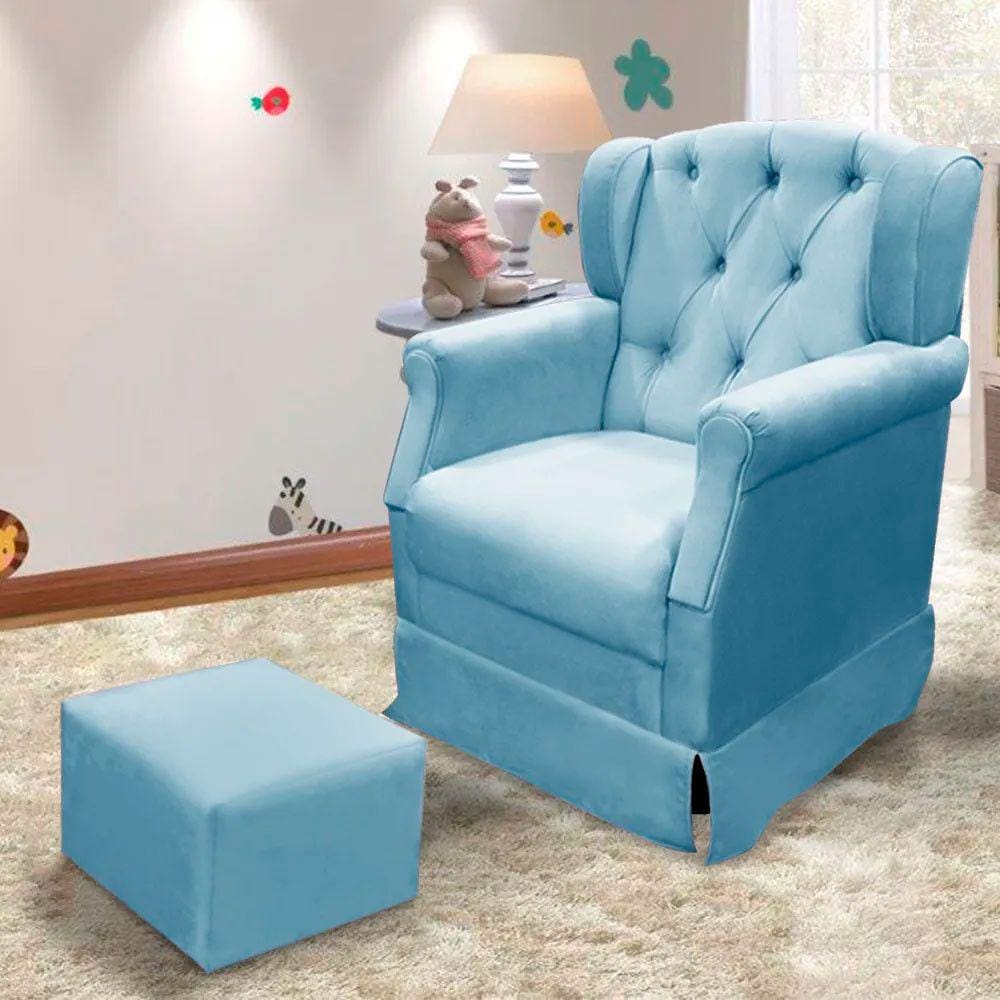 Poltrona Cadeira de Amamentação Balanço + Puff Ternura Material Sintético Azul - Speciale Home