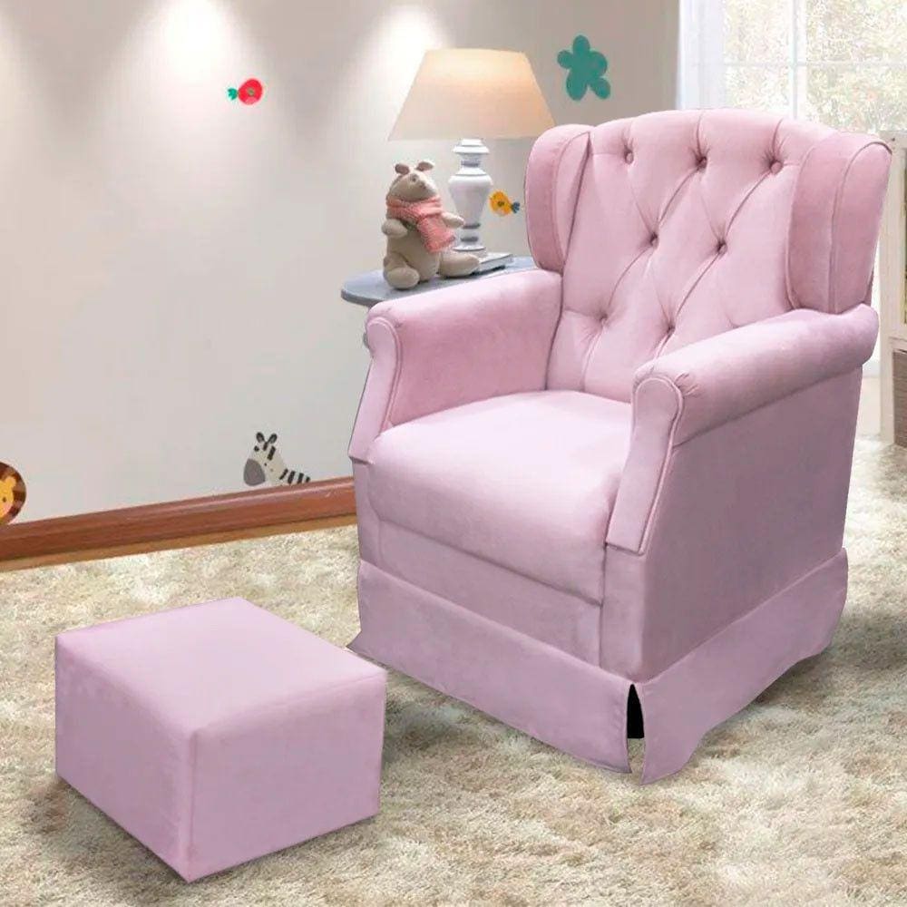 Poltrona Cadeira de Amamentação Balanço + Puff Ternura Material Sintético Rosa - Speciale Home