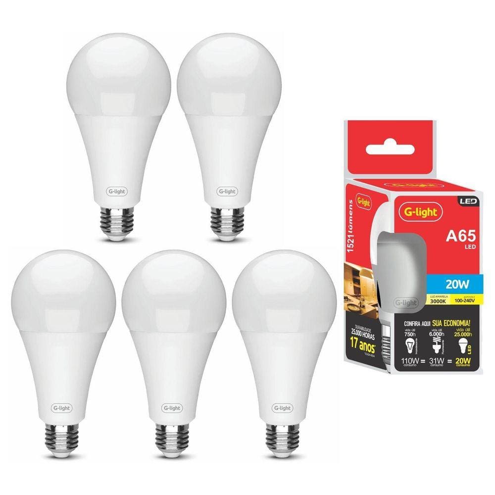 Kit 5 Lampada Led 20W Branco Quente 3000K Luz Amarela Alta