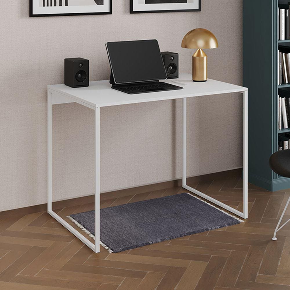 Escrivaninha Industrial Office Branca 120x53 Grécia Base Ferro Branco