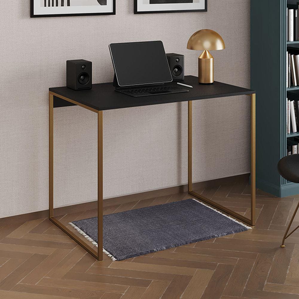 Escrivaninha Industrial Office Preta 120x53 Grécia Base Dourada