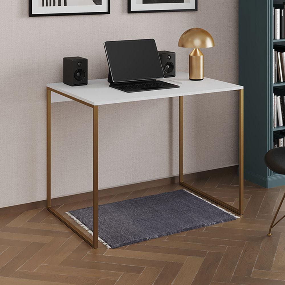 Escrivaninha Industrial Office Branca 120x53 Grécia Base Dourada