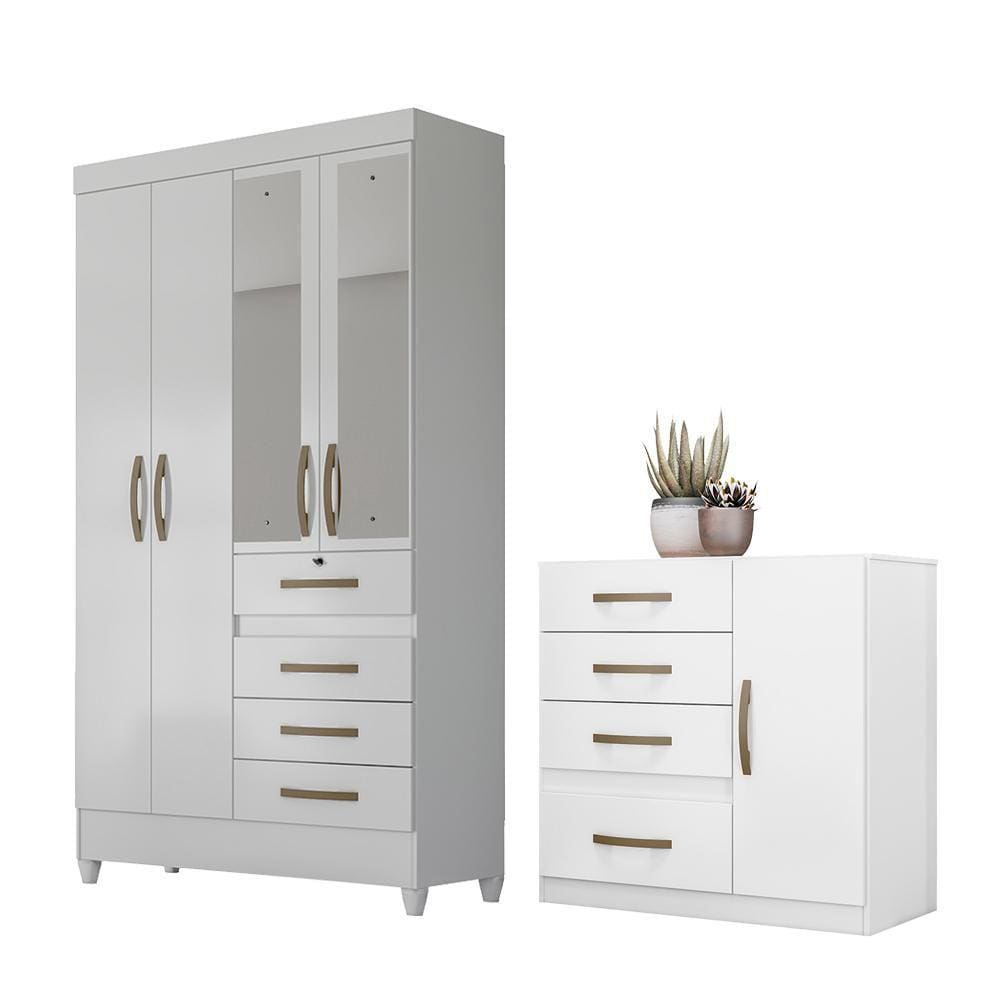 Jogo Gaveteiro e Roupeiro Tulum Com Espelho Branco Rosa Azul Lilás