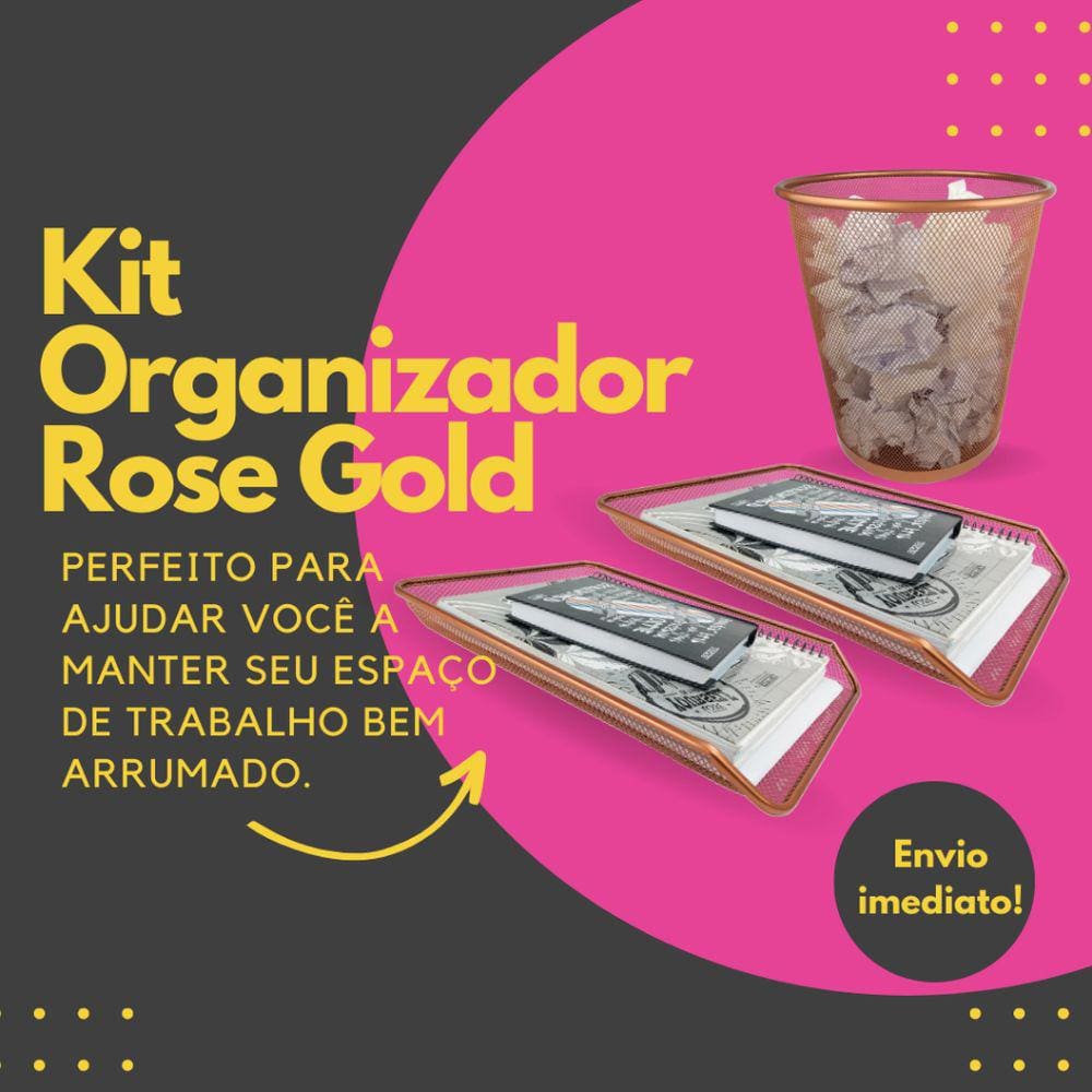 Bandejas e Lixeira Kit para Escritorio Rose Gold