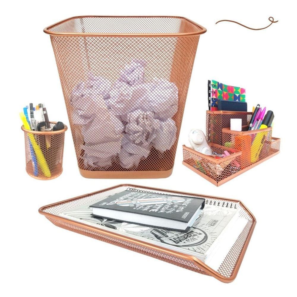 Kit Escritório Lixeira Retangular Organizador de Mesa Bandeja Organizadora Porta Caneta Rose Gold