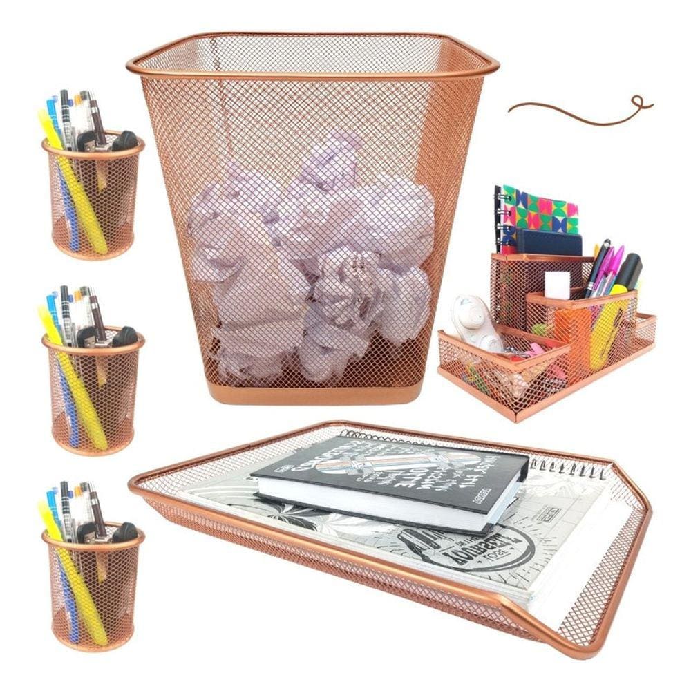 Kit Escritório Lixeira Retangular Organizador de Mesa Bandeja Organizadora Porta Caneta Rose Gold