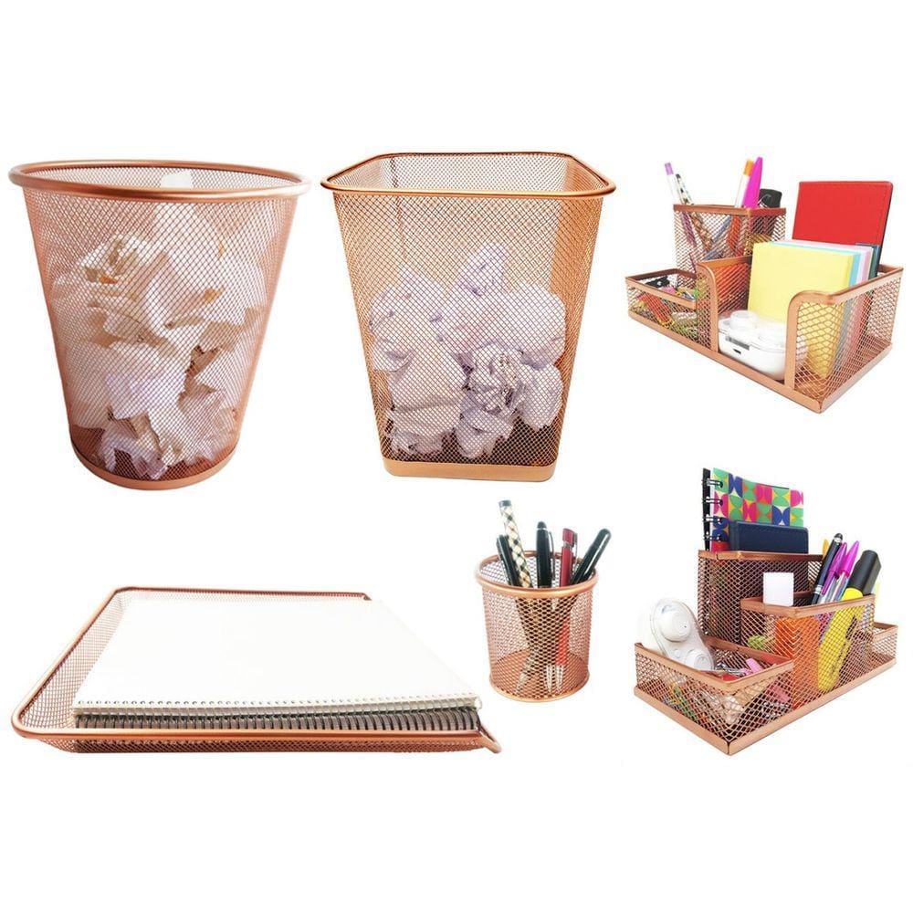 Kit Organizador De Escritorio Rose Gold, Lixeira Aramada, Porta Caneta, Bandeja Porta Papel