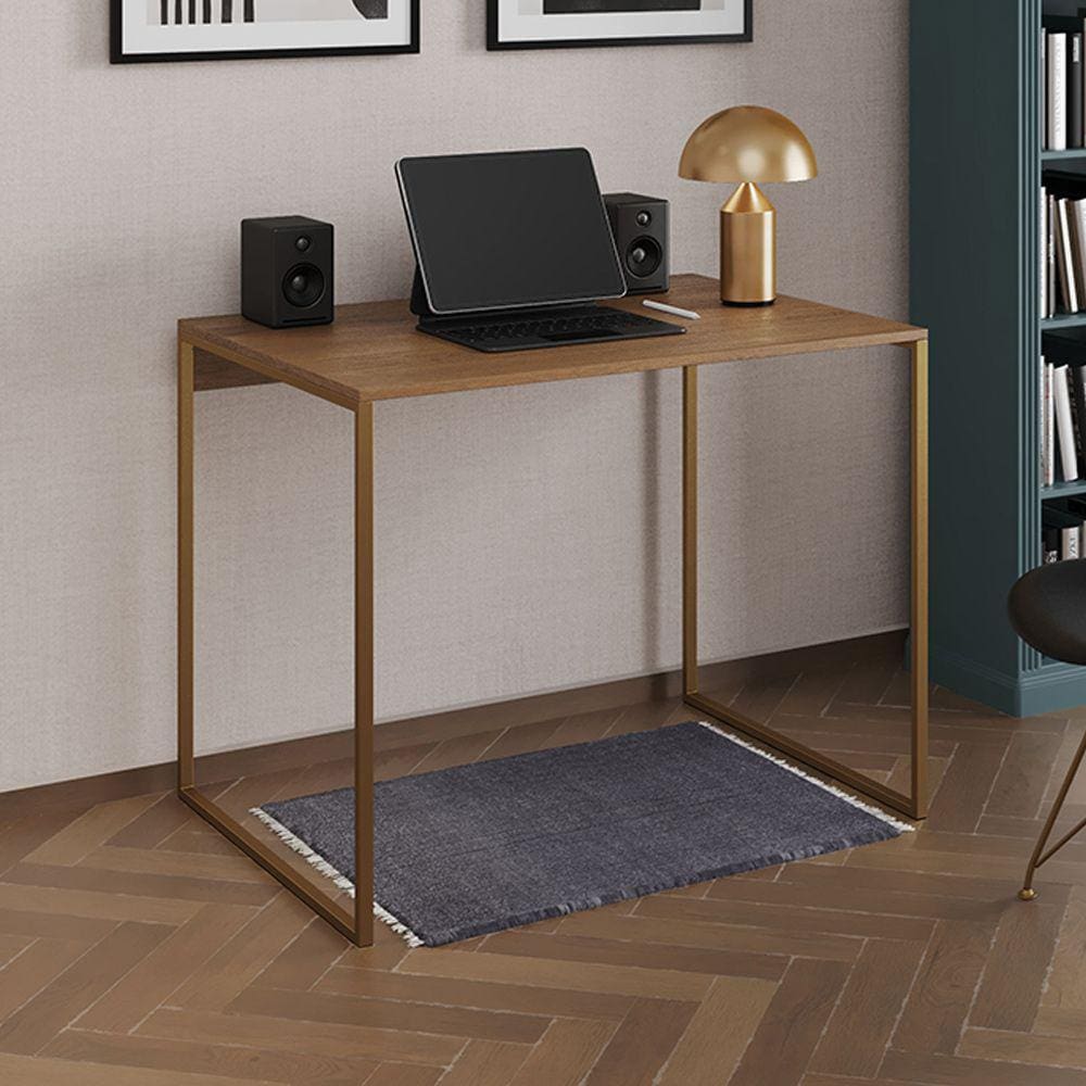 Escrivaninha Industrial Office Amêndoa 90x53 Grécia Base Dourada