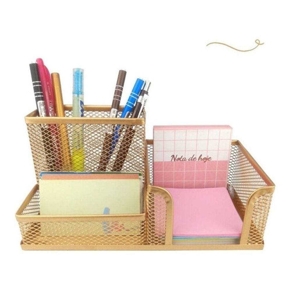 Kit Organizador de Mesa Dourado Ouro com 3 Partições para Escritório
