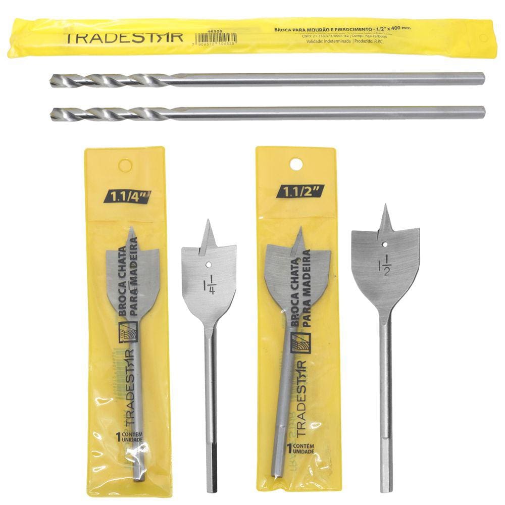 Kit C/ 4 Brocas Chatas + 2 Brocas Mourão Extra Longa Madeira