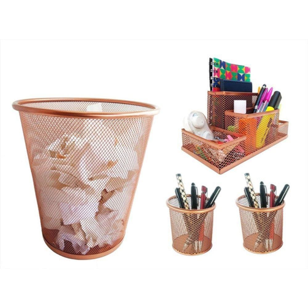 Kit Organizador, Porta Caneta e Lixeira Rose Gold Escritório