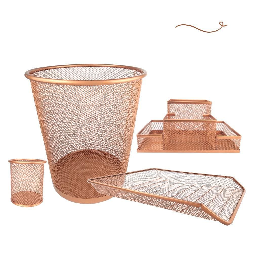 Kit Escritório Lixeira Organizador de Mesa Bandeja Organizadora Porta Caneta Rose Gold