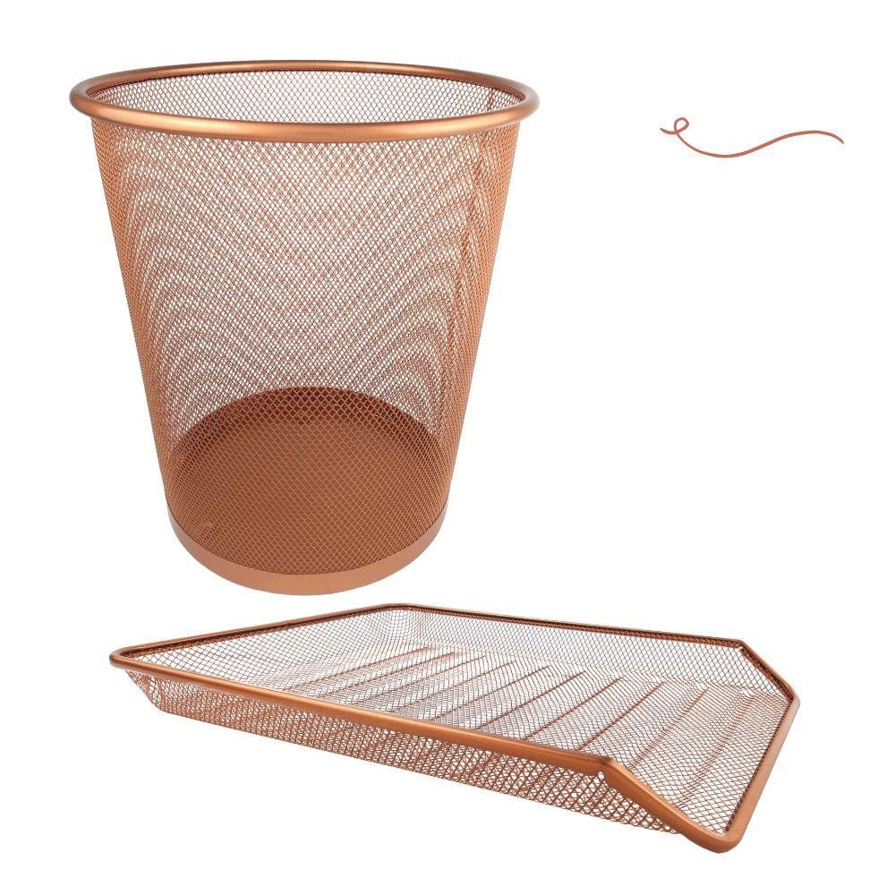 Kit Escritório Lixeira Aramada Bandeja Organizadora de Papel Rose Gold