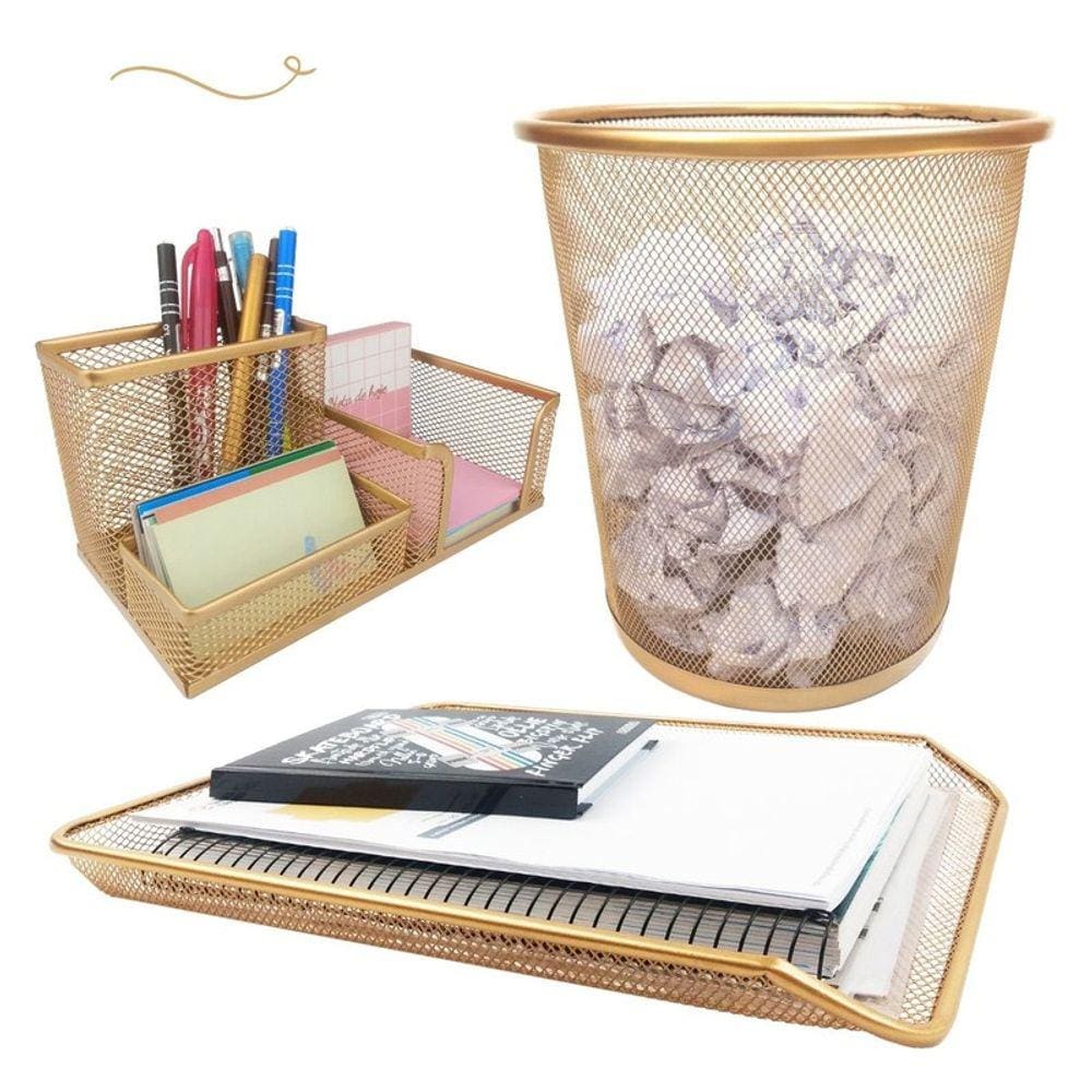 Kit Escritório Lixeira Bandeja Organizador Mesa Dourado Ouro