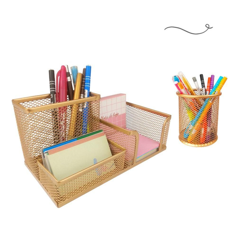 Kit Escritório Organizador de Mesa Escritório e Porta Caneta Rose Gold Dourado