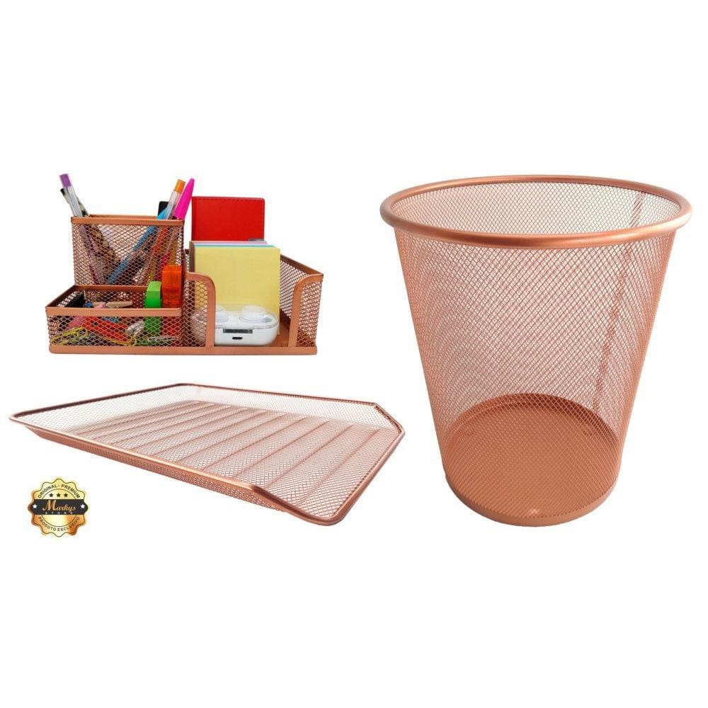 Kit Escritório Lixeira, Organizador de Mesa, Bandeja Organizadora Rose Gold