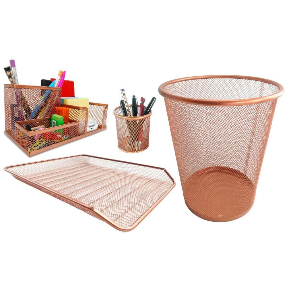 Kit Escritório Lixeira, Organizador de Mesa, Bandeja Organizadora e Porta Caneta Rose Gold