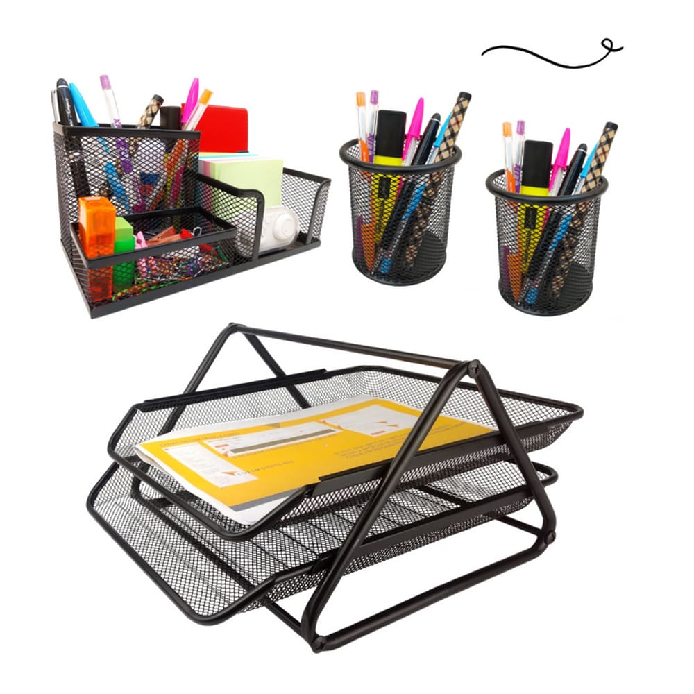Kit Escritório Organizador Mesa Bandeja Porta Caneta Lápis Preto
