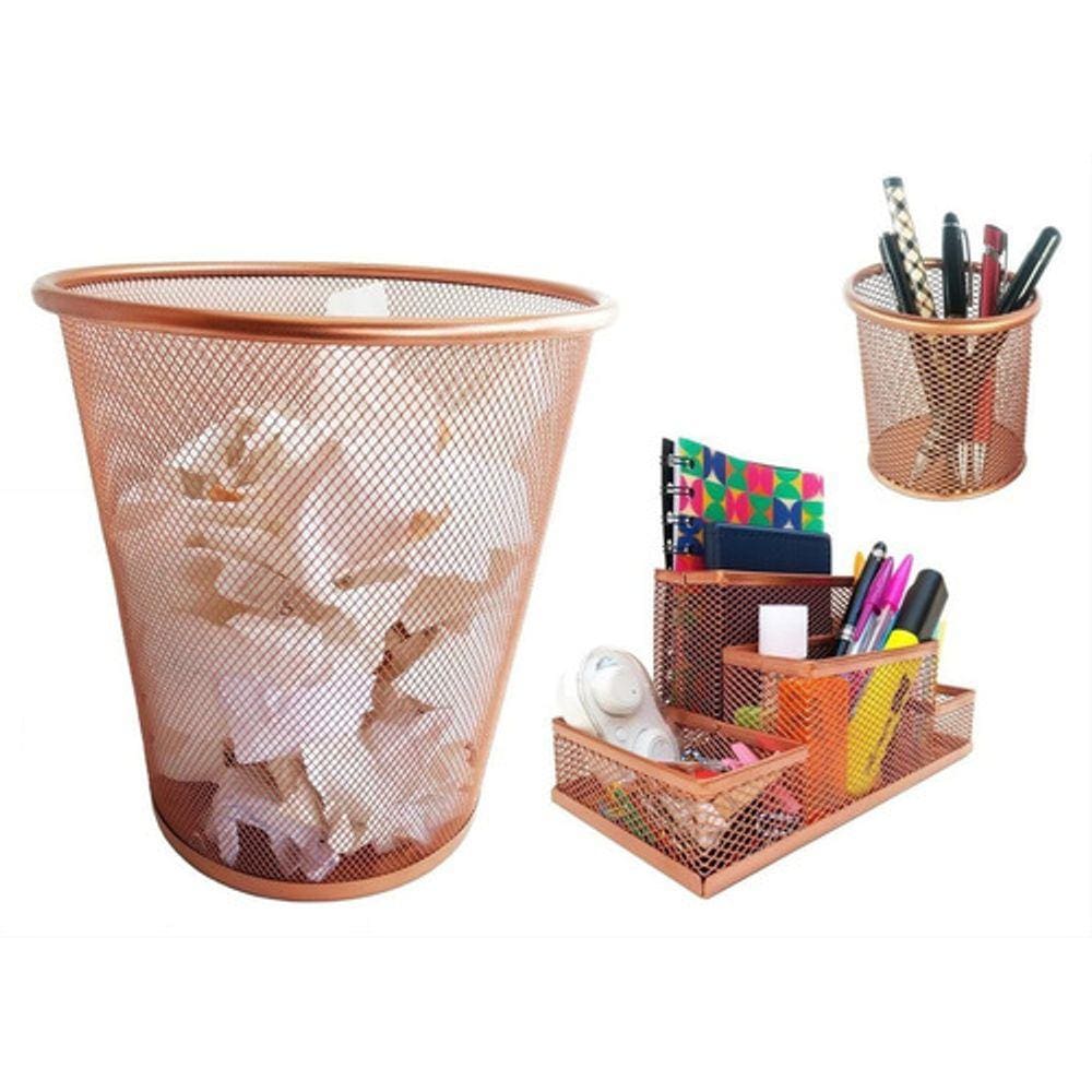 Kit Organizador, Porta Caneta e Lixeira Rose Gold Escritório