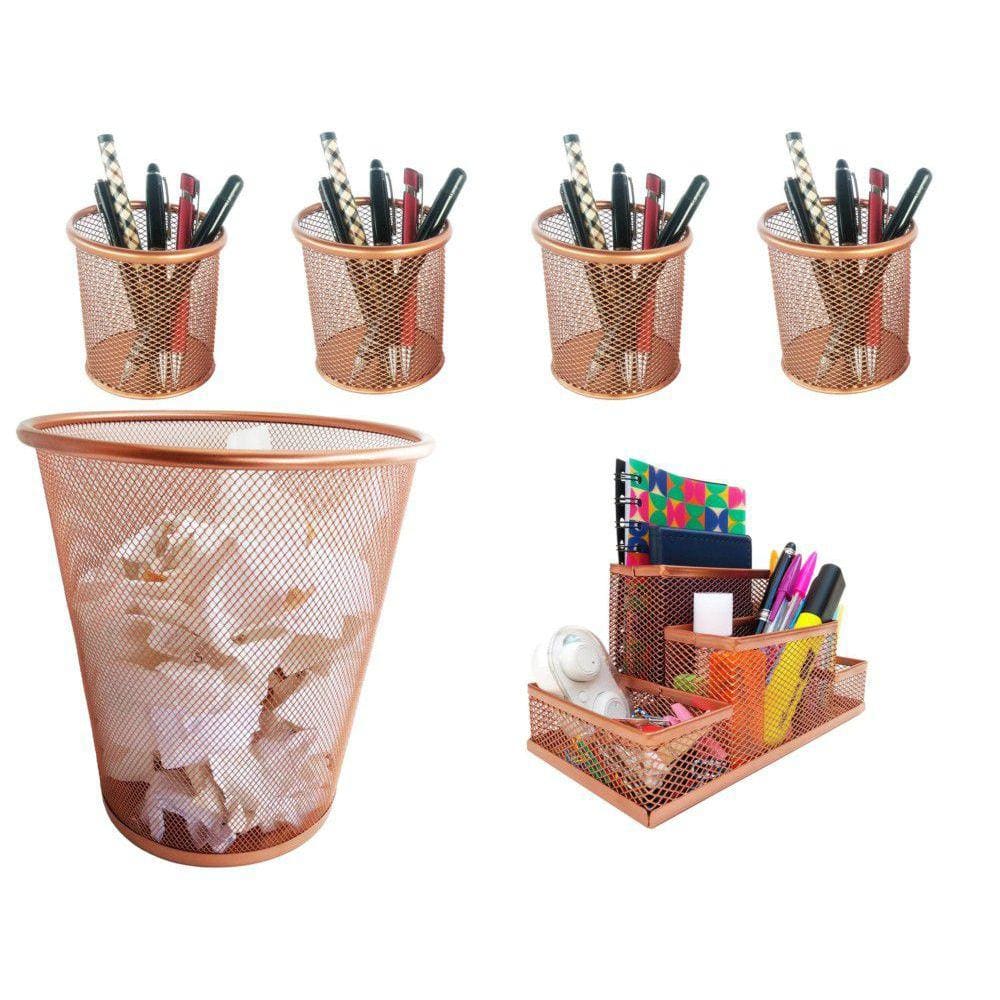 Kit Organizador, Porta Caneta e Lixeira Rose Gold Escritório