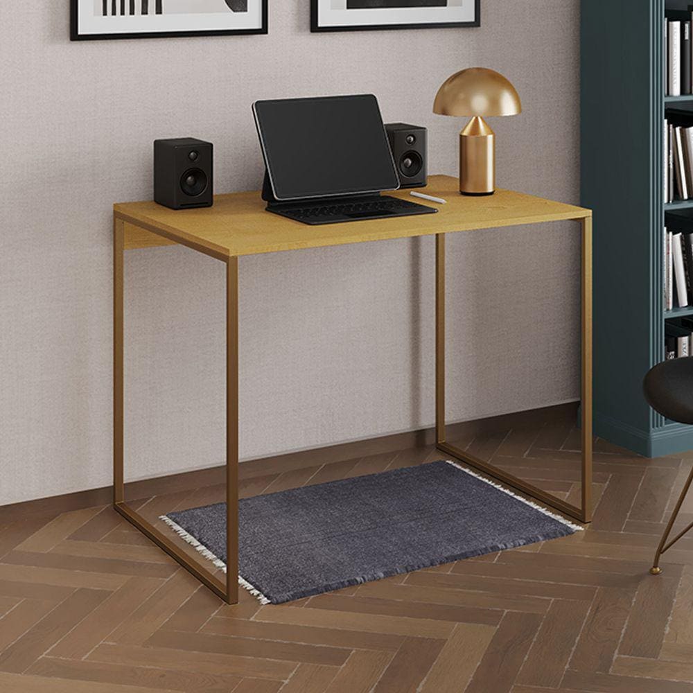 Escrivaninha Industrial Office Canela 120x53 Grécia Base Dourada