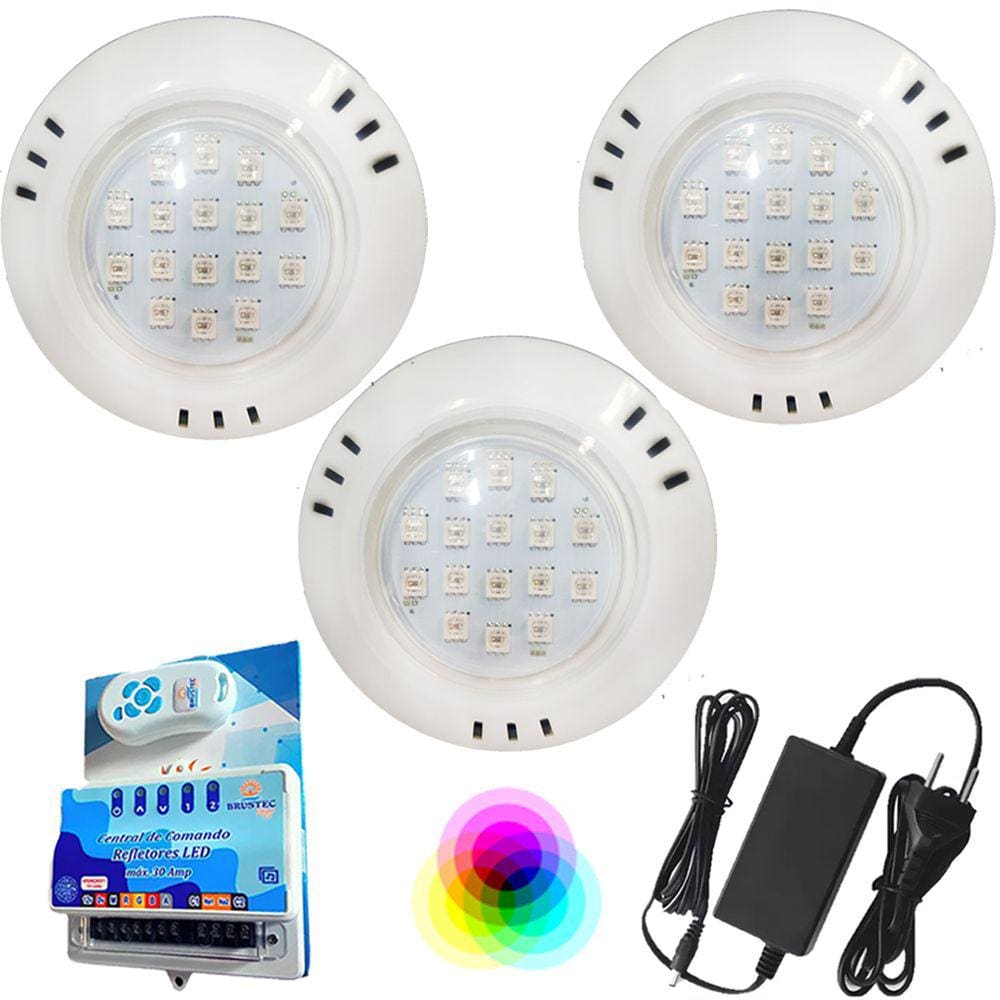 Kit 3 Led 9w Abs RGB Brustec + Controle Touch + Fonte