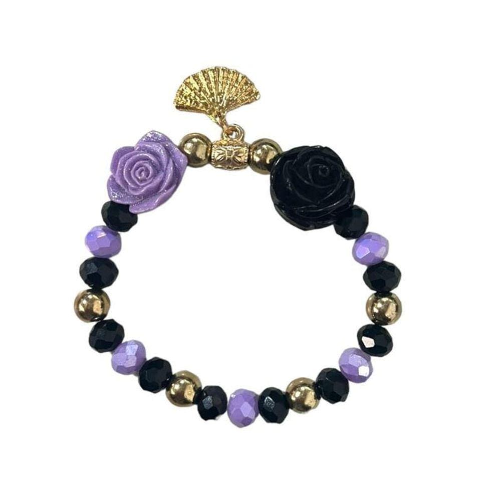Pulseira Maria Mulambo Preto E Roxo Rosas Cristal Silicone
