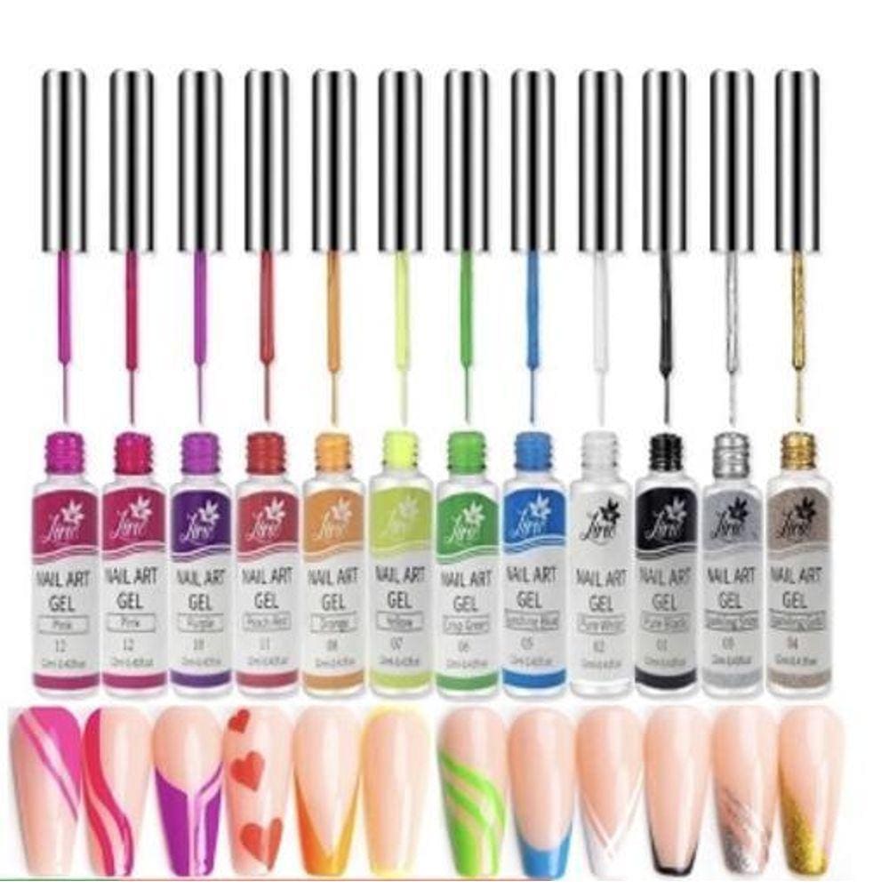 Kit 12 Esmaltes Ponta Fina Desenho Nail Art Unha Esmalte Gel