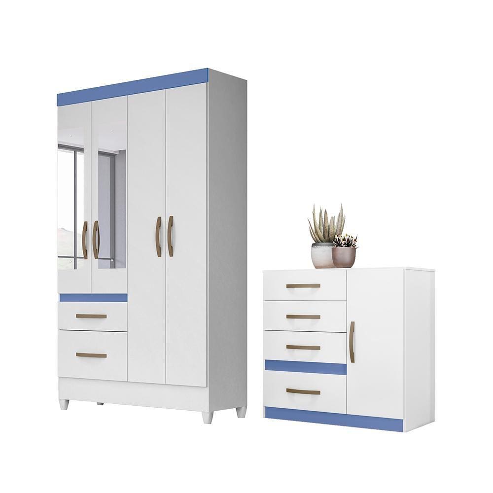 Jogo Gaveteiro e Roupeiro Taiti Com Espelho Branco Rosa Azul Lilás