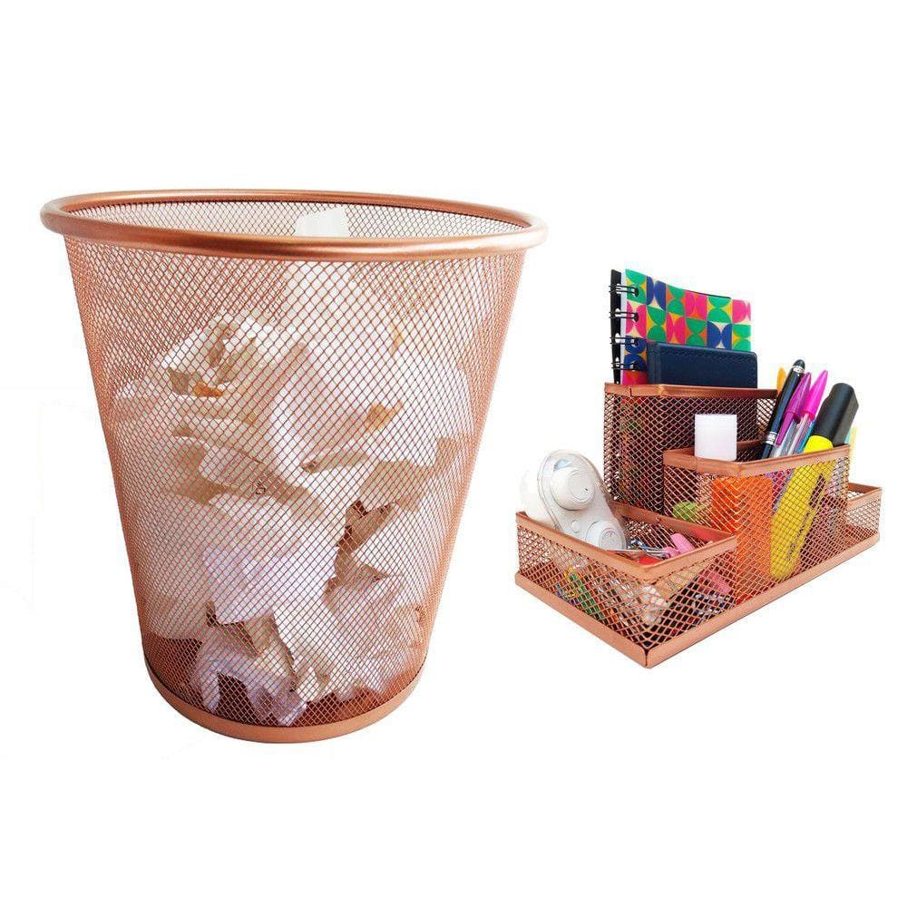 Lixeira e Kit Organizador de Mesa Rose Gold Escritório