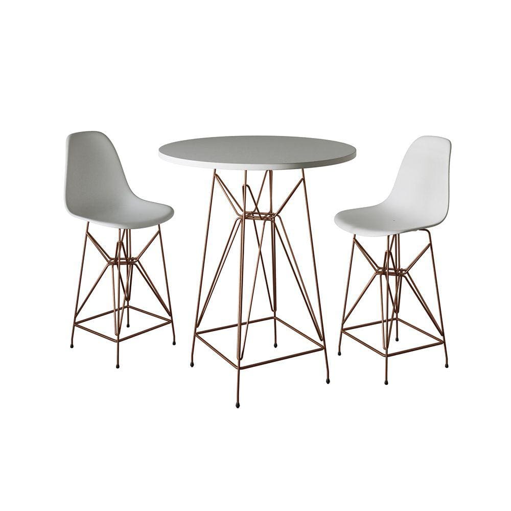 Jogo Mesa Bistrô Eames Eiffel Branca 60cm 2 Banquetas Branca Base Ferro Cobre