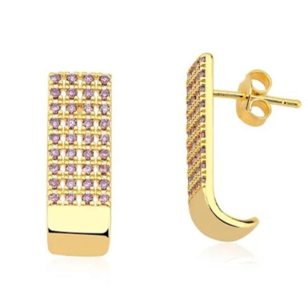 Brinco Moderno Dourado Zircônia Lavanda Semijoia Lizzy Fatin