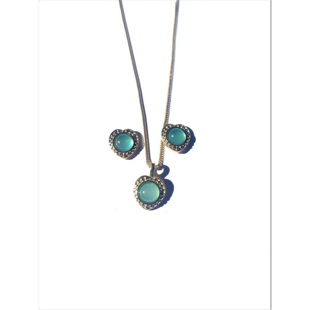 Conj. Colar E Brinco Pedra Agata Azul Céu Coração Semijoia