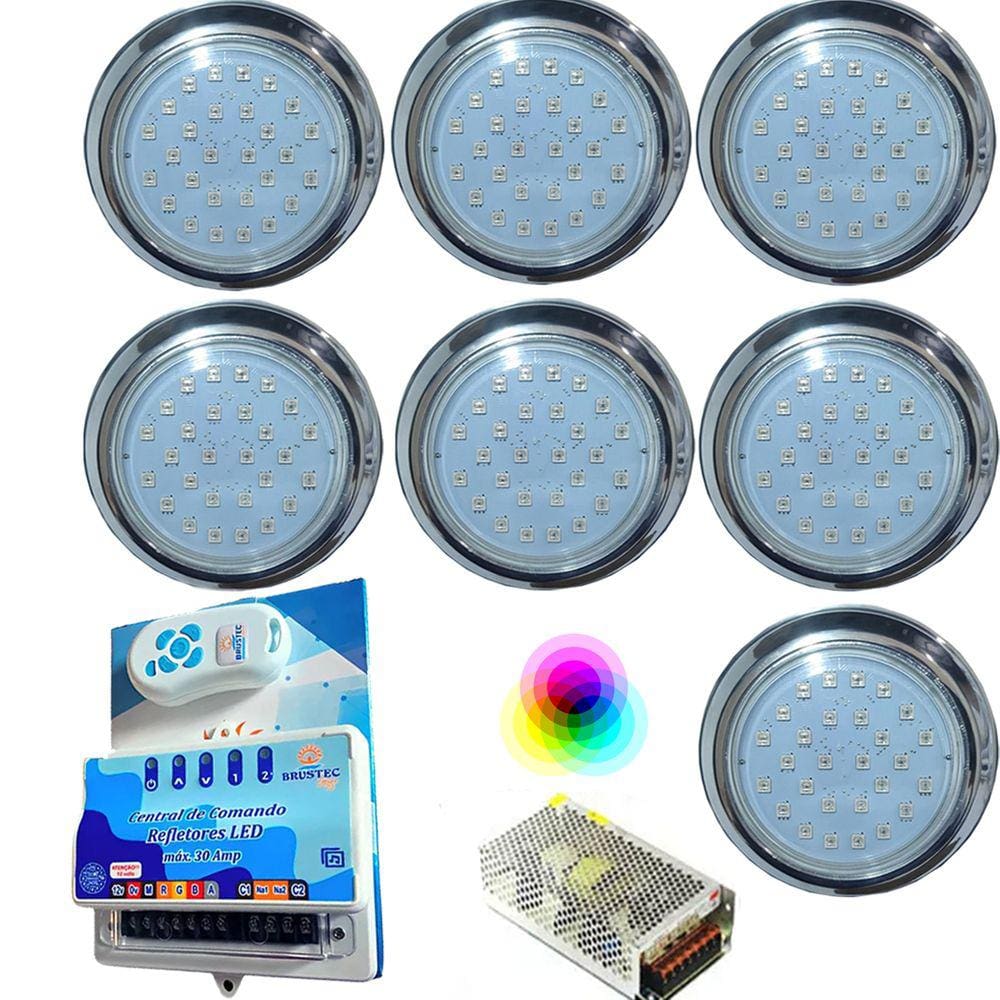 Kit 07 LUMINARIA PISCINA HIPER LED 15W INOX 316 RGB ROSCA