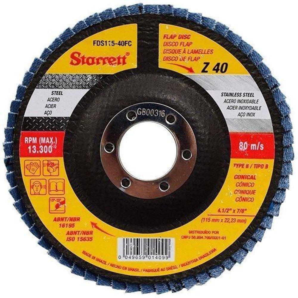 Disco Flap Starrett 4.1/2X7/8 Grao 40 115X22.23Mm