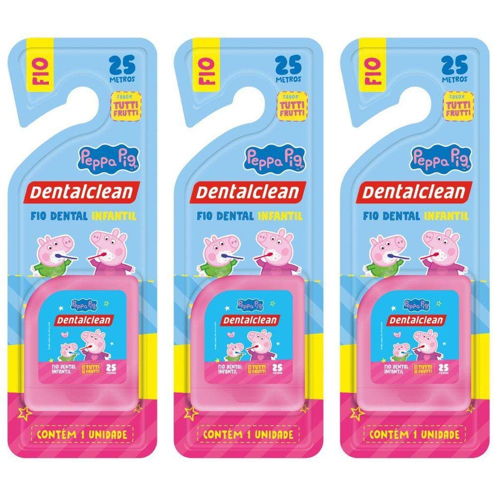 3 Fio Dental Infantil - Peppa Pig - 25M - Rosa - Dentalclean