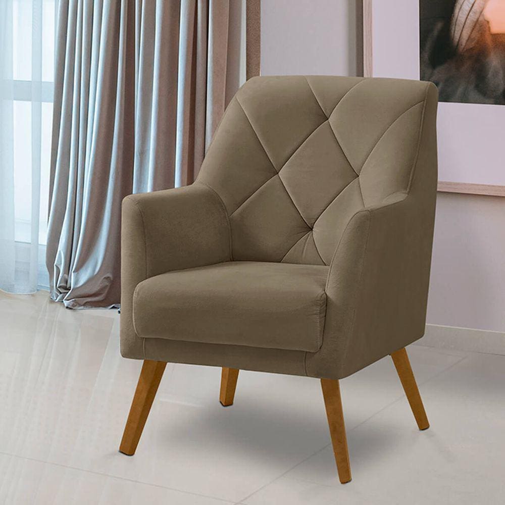 Poltrona Decorativa Bordada Magali Veludo Bege Capuccino LANSOFBR