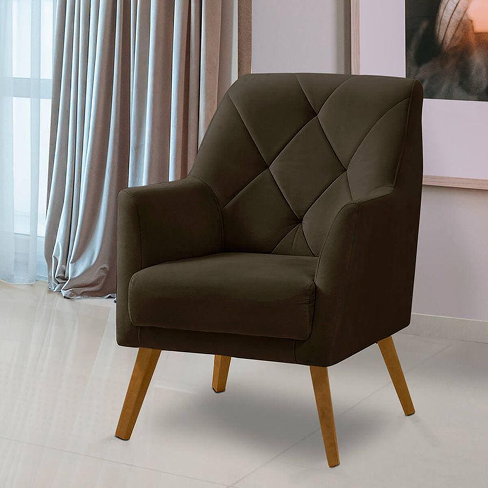 Poltrona Decorativa Bordada Magali Veludo Marrom LANSOFBR