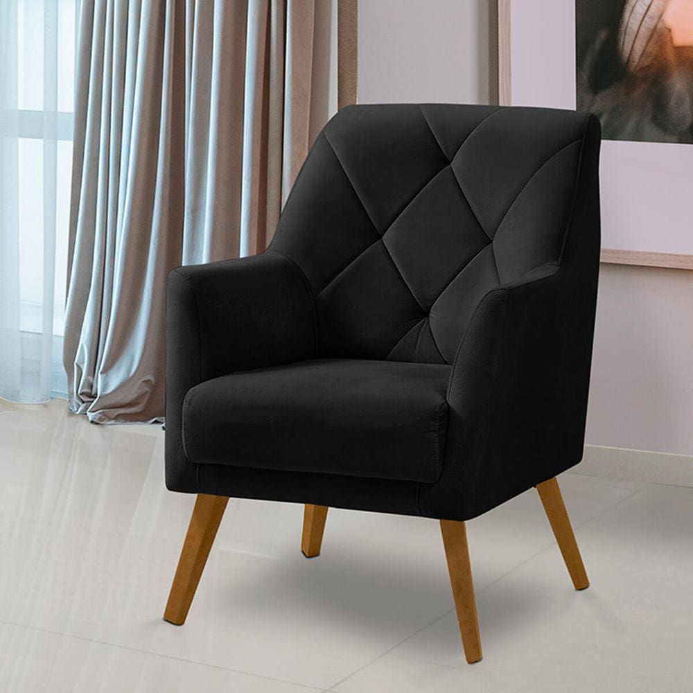 Poltrona Decorativa Bordada Magali Veludo Preto LANSOFBR