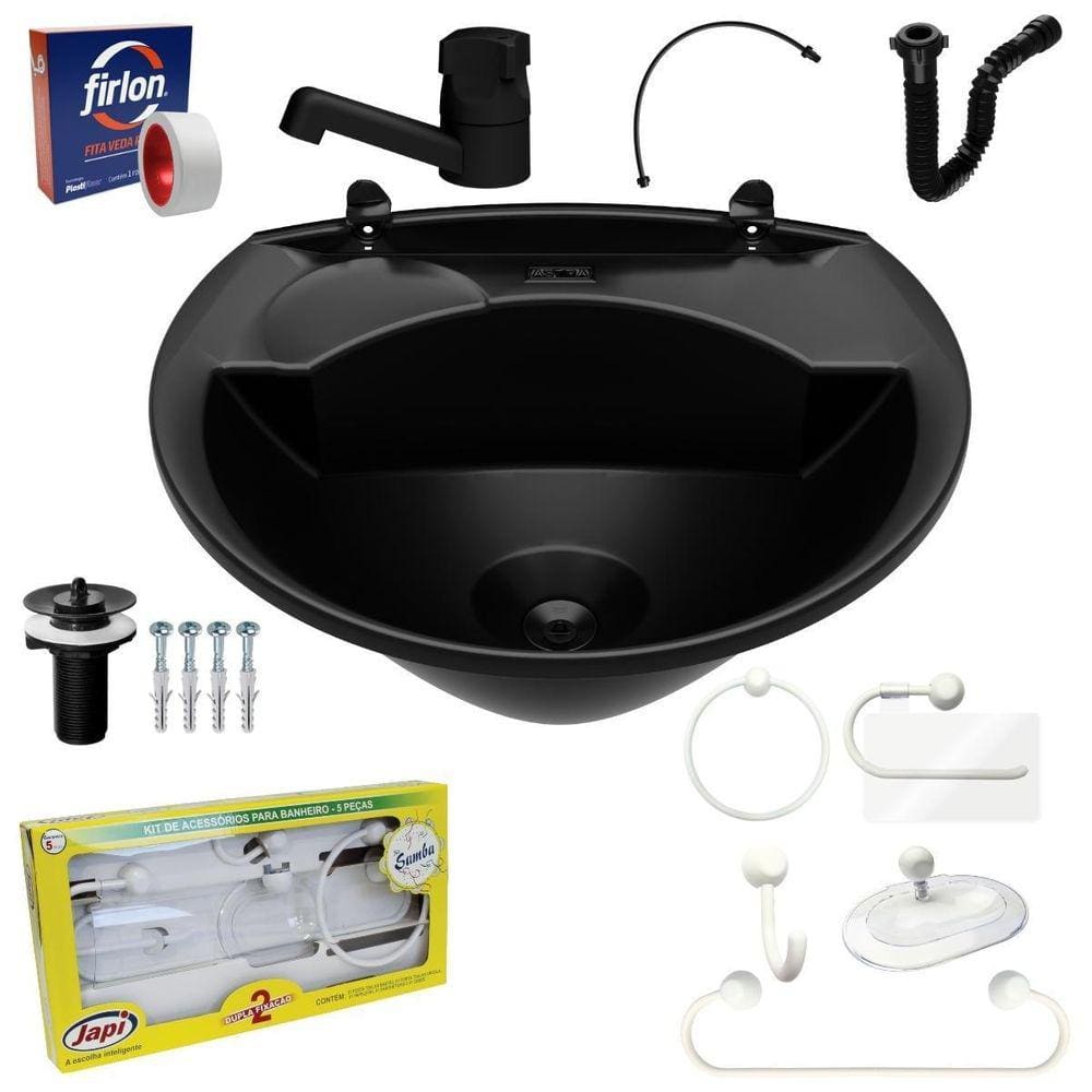 Pia Lavatório Banheiro Plástico 4L Preta + Kit Banheiro