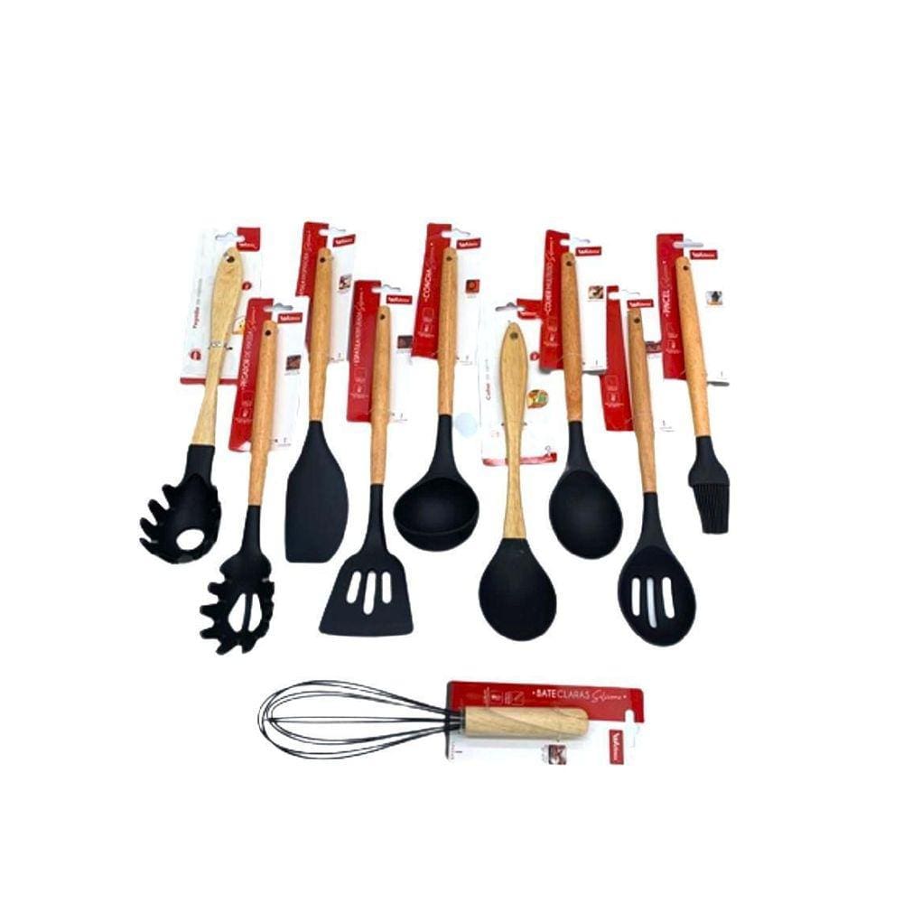 Utensílios De Cozinha De Silicone Cabo Madeira Kit 10 Peças