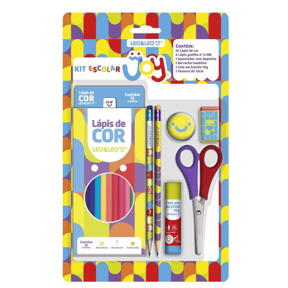 Kit Escolar Leo&Leo Joy 12 Lápis de Cor + Borracha + Apontador + Cola + Régua + Tesoura