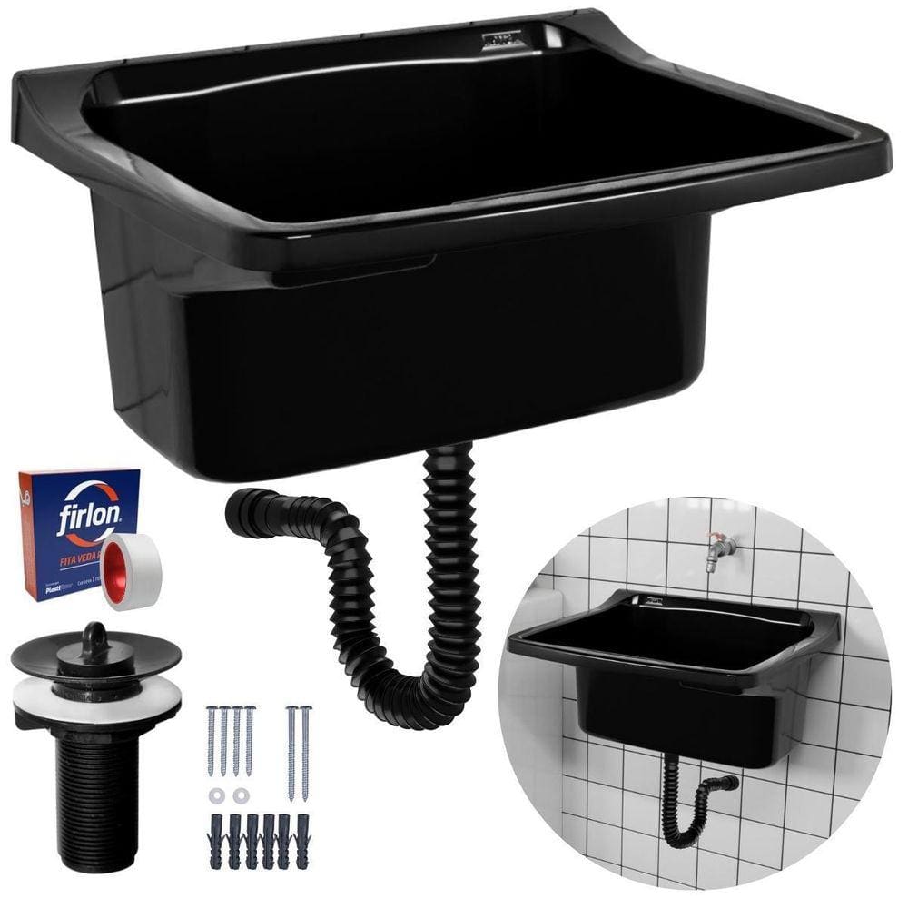Tanque Plástico 40L Lavanderia Preto + Sifão Universal