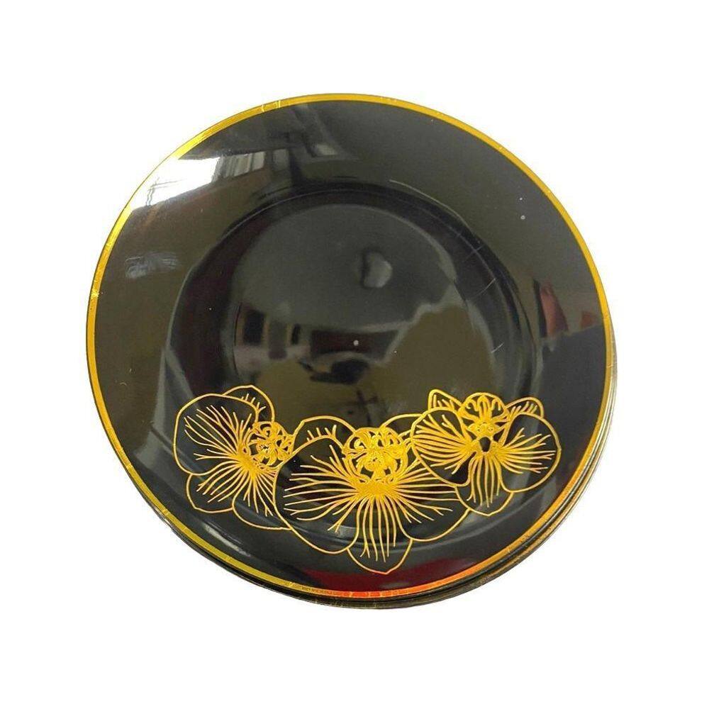 Pratos Sobremesa Descartáveis Luxo - 6 unid. | Natal Réveillon | Preto/Dourado | Plástico Grosso | 18.7cm