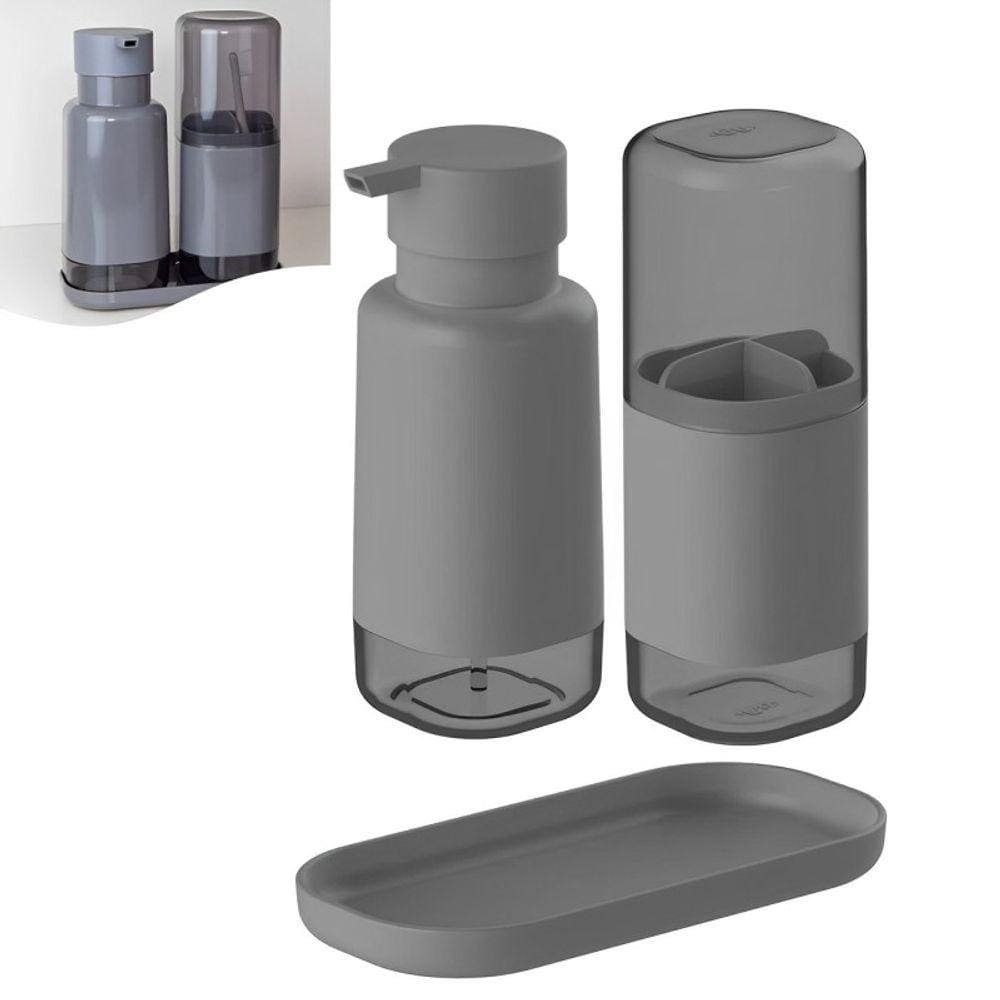 Kit Dispenser Porta Sabonete Líquido Suporte Escova Creme Dental Bandeja Pia Cinza Escuro Dual - KTE 128 Ou